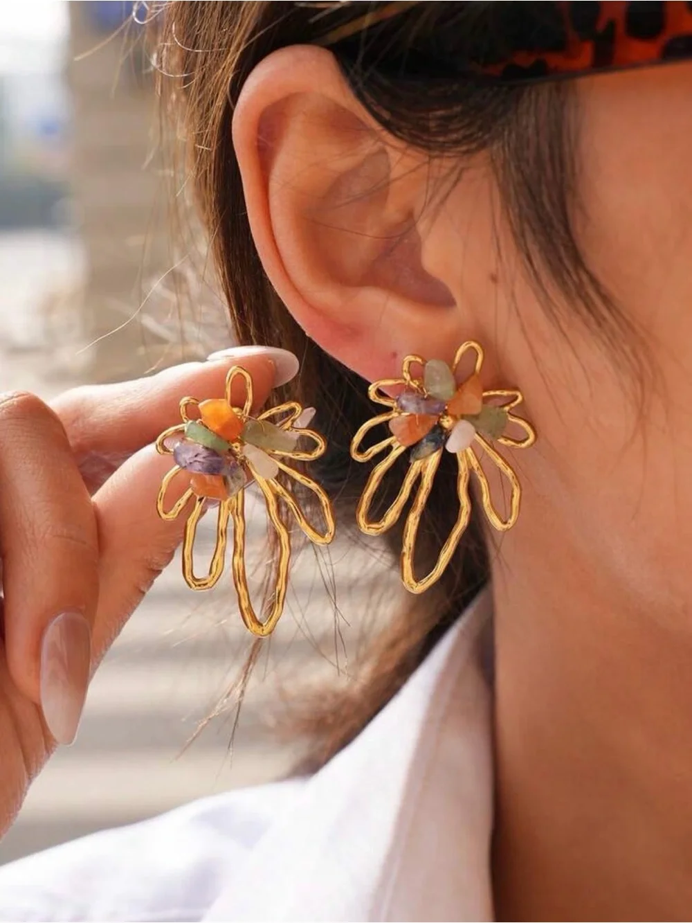 Gold Floral Loop Earrings with Multicolor Stone Chips